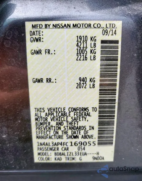 2015 Nissan Altima 2.5 from USA, damaged, VIN 1N4AL3AP4FC169055